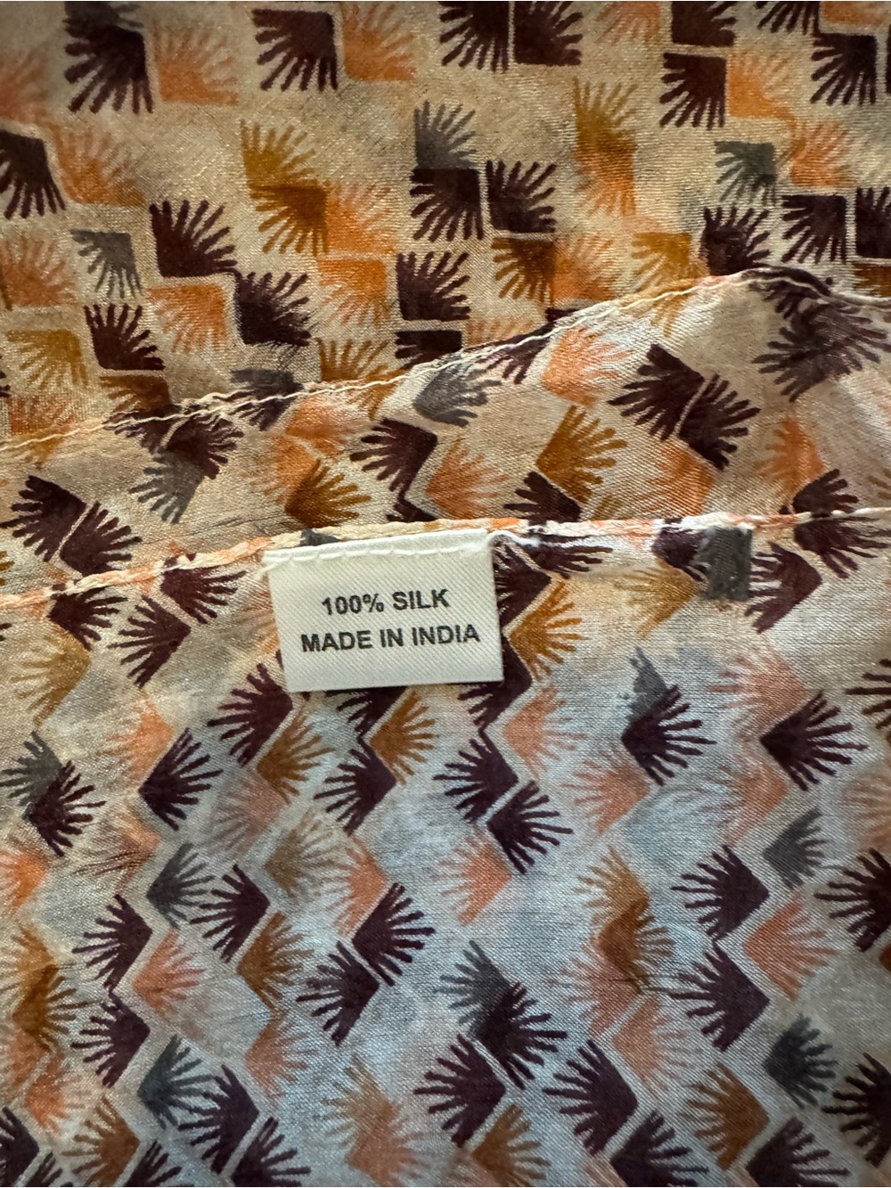 Lightweight Geometric Print Silk Scarf in Brown and Cream - Picture 4 of 5